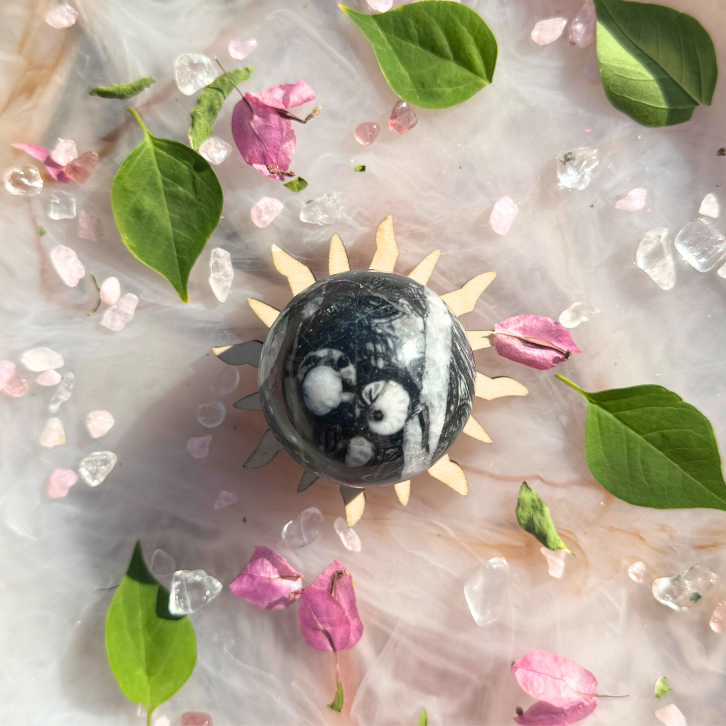 🌼 “Bloom in the Dark” – Chrysanthemum Stone Small Sphere