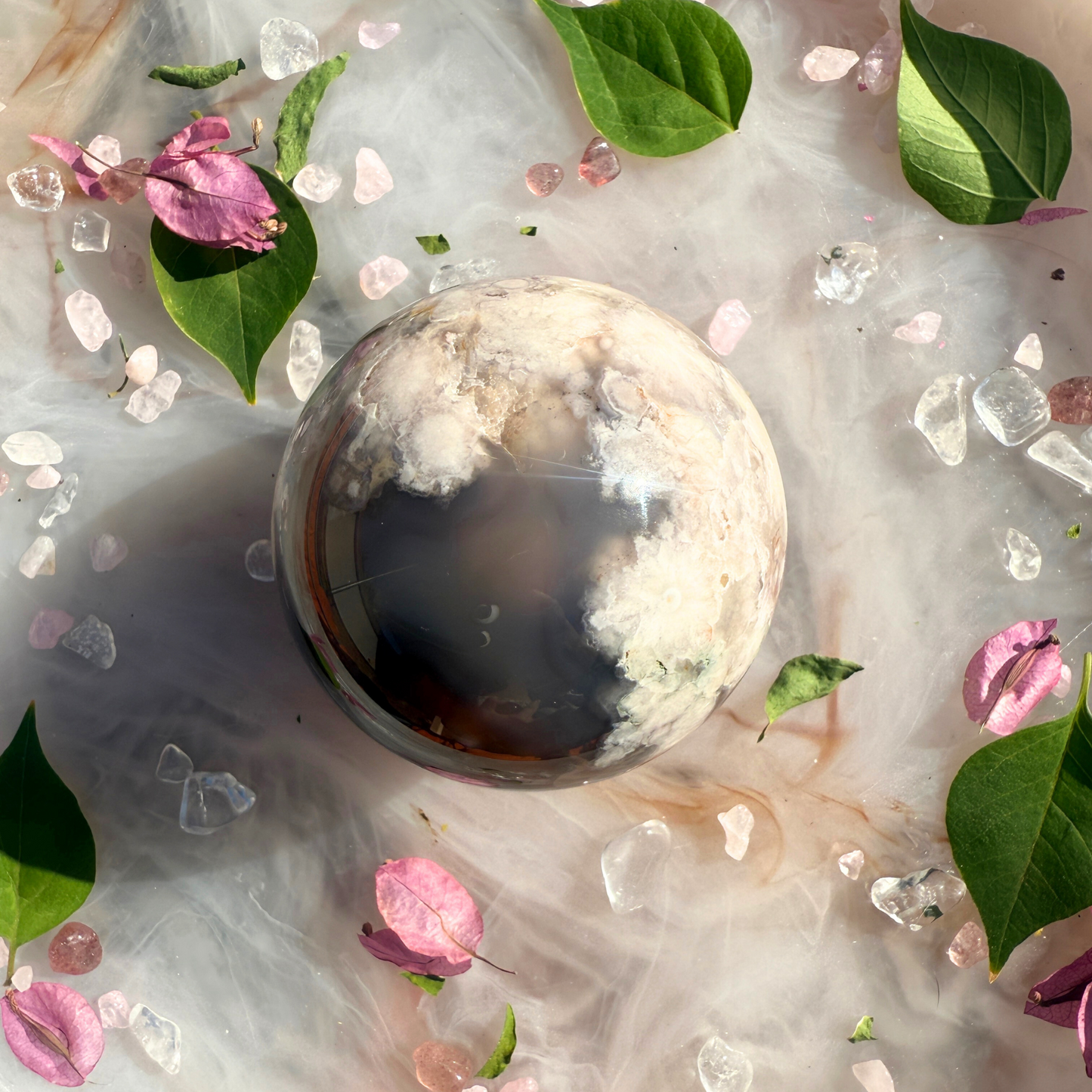 🌫️ “Cloud Cover” – Blue Flower Agate Sphere