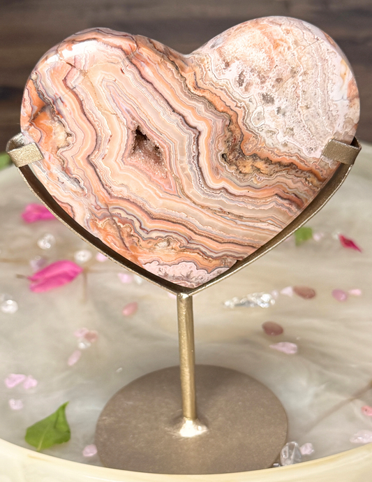 🌸 Indonesian Crazy Lace Jasper Druzy Heart on Custom Stand | Collector Piece