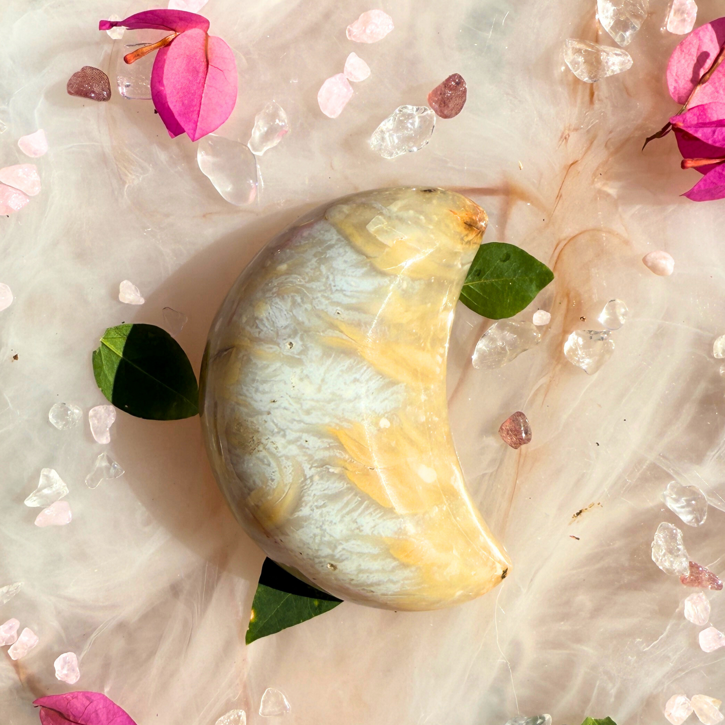 🌙 Cosmic Bloom – Flower Plume Chalcedony Moon 🌸🌑