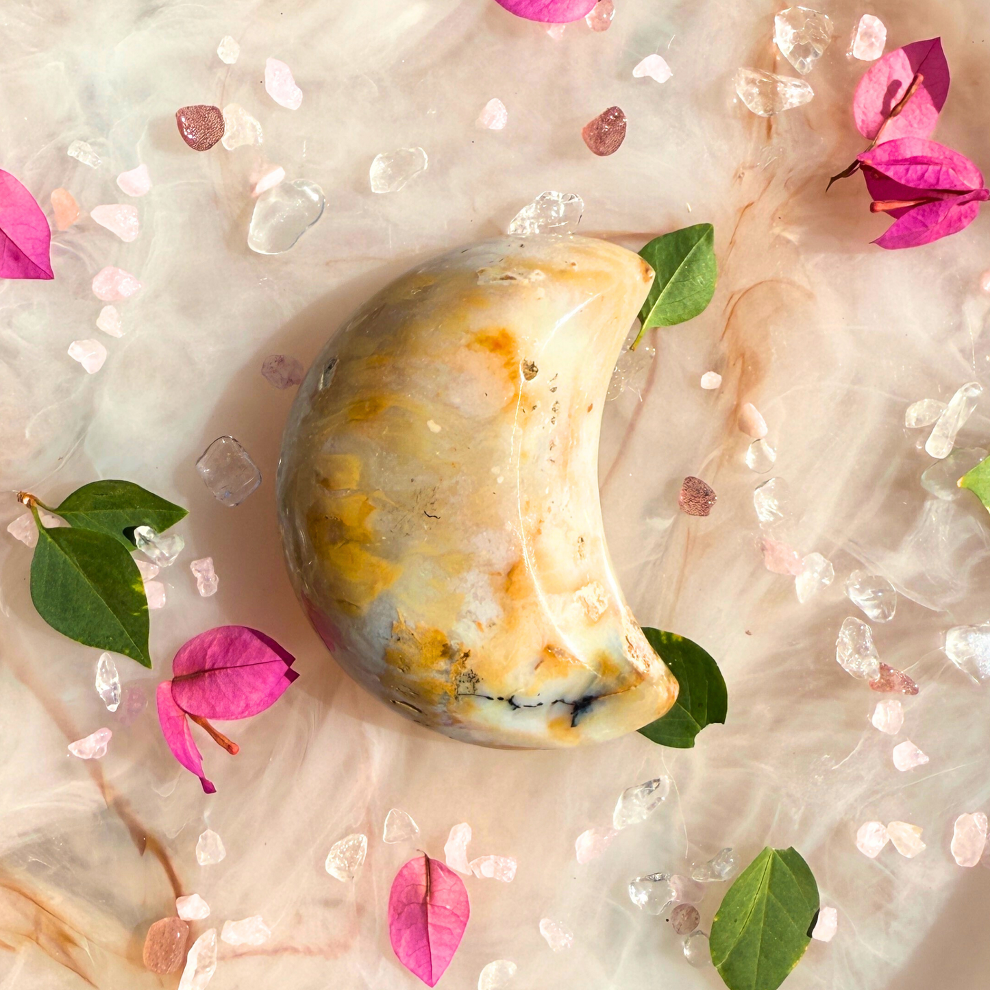 🌙 Cosmic Bloom – Flower Plume Chalcedony Moon 🌸🌑