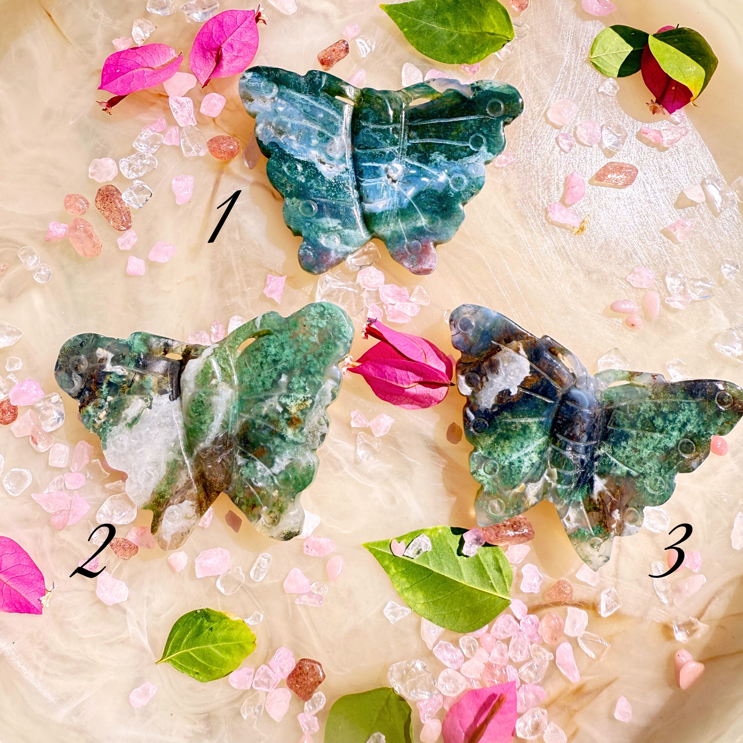 🌿 Moss Agate Butterfly Carvings – 2D (Pick Your Butterfly)